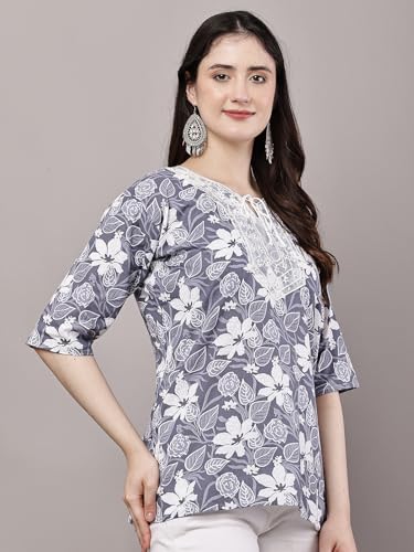 Image of Women's Red Printed Short Kurti with Lace Trim, 3 /4 Sleeves, Round Neck, Ethnic Style