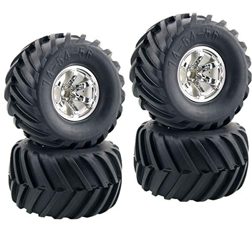WONFAST 4PCS 1/10 RC Monster Truck Wheel and Tire Set,135MM Rubber Tyres and 6 Spoke Plastic Wheel Rims Parts for HSP HPI Tamiya Kyosho Truggy(Silver)