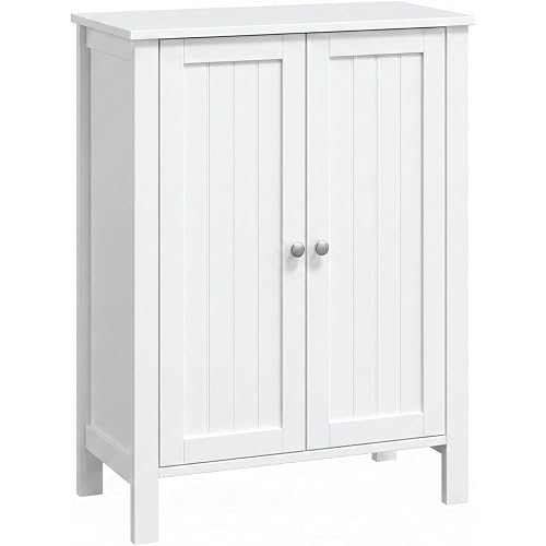 VINGLI White Bathroom Storage Cabinet Free Standing, Wooden Floor Cabinet with 2 Doors & Shelves, Sideboard Organizer for Kitchen, Living Room, Entryway, 23.6" W