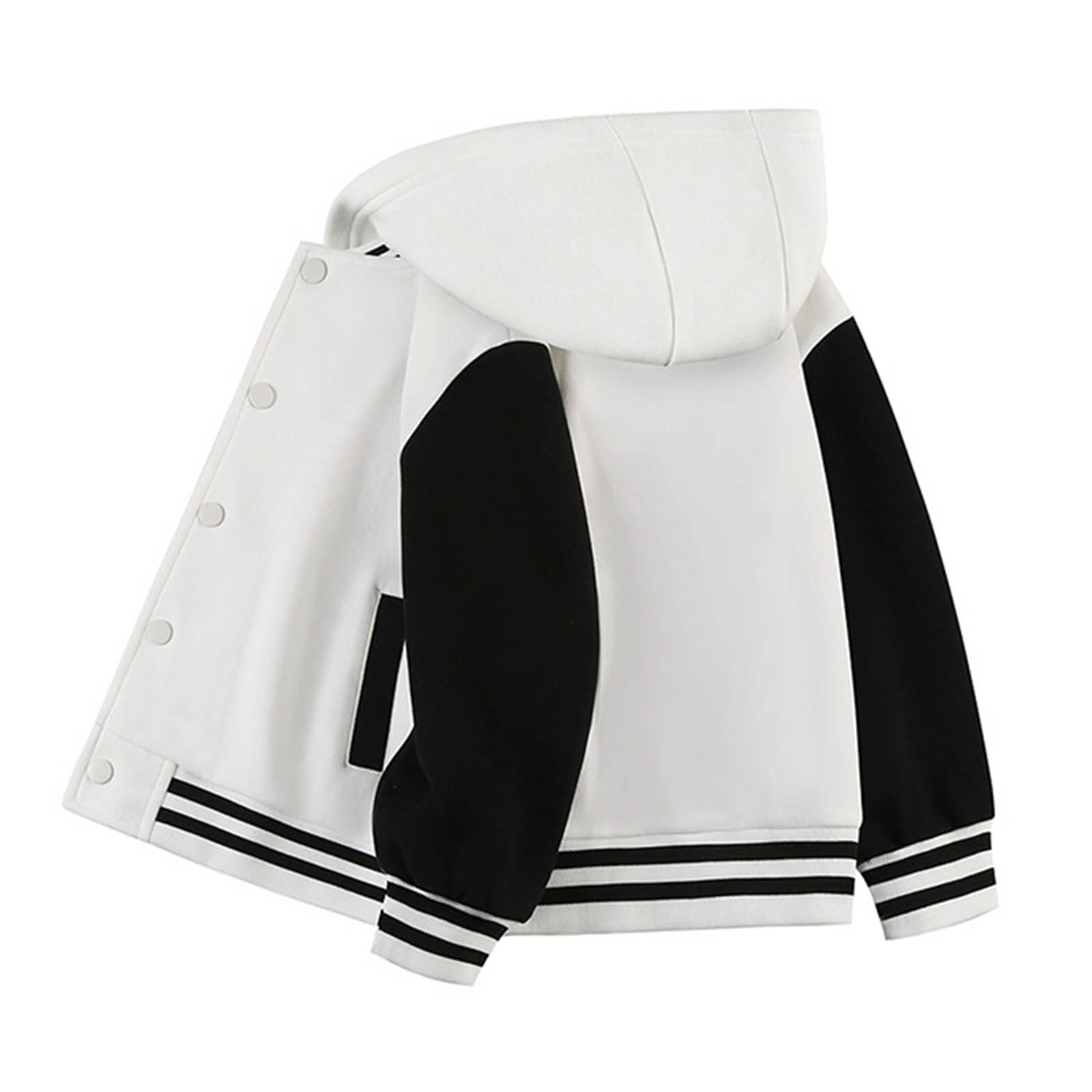 Abrigo con capucha de béisbol con bloques de color y manga larga para otoño y primavera para niños y niñas, combinación de tejidos, con botones a presión, estilo retro americano, moderno.