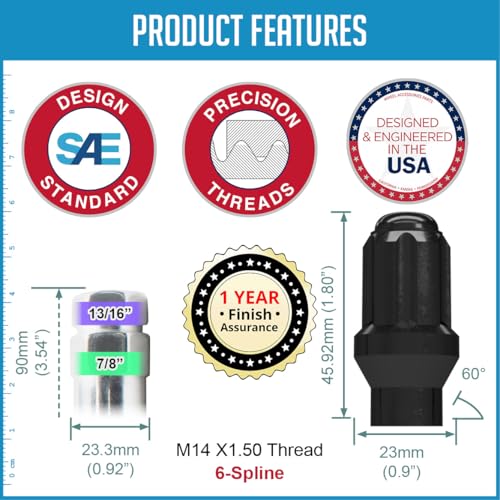 Image of Wheel Accessories Parts 27 Pcs M14x1.5 14x1.5 Thread ET Bulge Acorn 1.80 inch Long Spline Lug Nuts Black Truck Spline Hex Fits Ford Bronco Raptor (for use with Wheels Spacers)