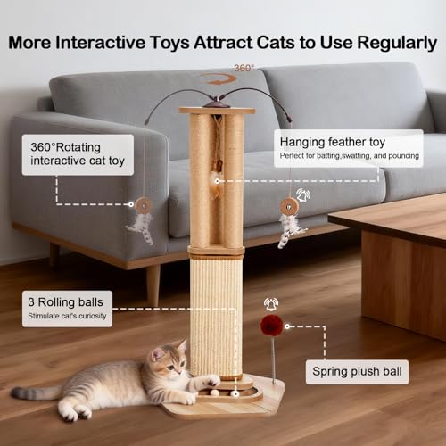 34 Inch Cat Scratching Post for Large Cats with 4 Interactive Toys - image 6