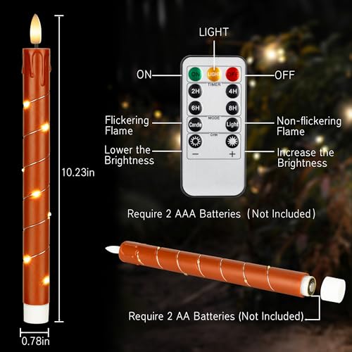 Image of JOIONE Flameless Taper Candles with Remote,6Pcs Flickering LED Xmas Decor | Reddish Brown, Battery Operated Candle Arounded with Starlight String, Christmas Home Decor for Living Room and Dining Table