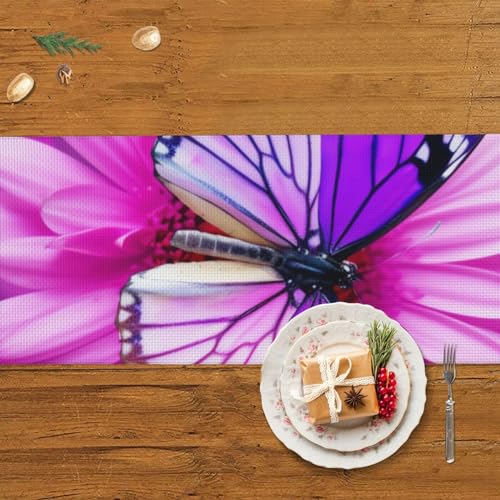 Chemin de table rustique en lin imprimé papillon violet aux finitions premium