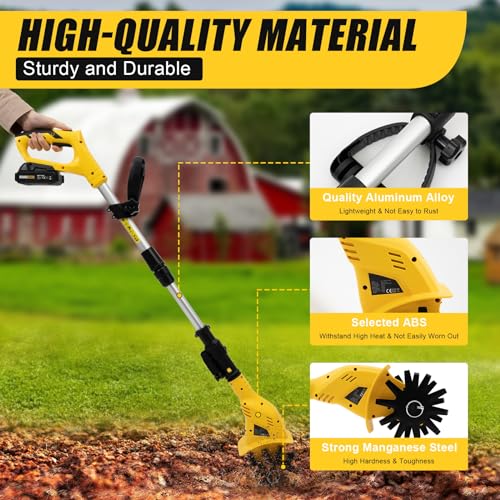 Handheld Cultivator Tiller Kit, 20V Electric Cordless Tiller and Cultivator for Garden with Rechargeable Battery Small Garden Rototiller for Plow, Turn The Soil, Open Furrows, Weed