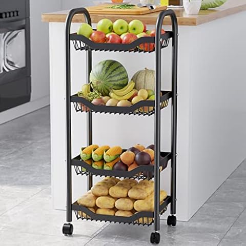 COVAODQ Stackable Fruit and Vegetable Basket Stand, Metal Wire Snack Organizer Shelf,on Wheels with 4 Baskets Serving Cart Kitchen Trolley Cover