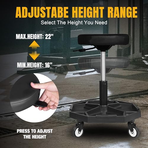 YELLOW JACKET Rolling Garage Seat Adjustable Pneumatic Shop Creeper Seat 300Lbs Mechanic Stool with Wheels and Removable Tool Tray Storage Workshop Chair for Auto Repair