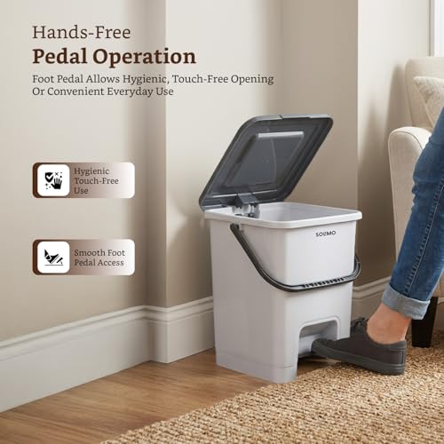 Image of Amazon Brand - Solimo Square Pedal Dustbin (18L) | Hands-Free Trash Bin with Lid | Durable Plastic | Odor Control | Compact Design | For Kitchen, Bathroom & Office | 32.5L x 31.8B x 37.3H cm | Light Grey