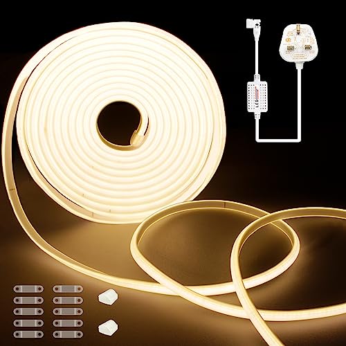 TTWAY COB LED Strip 20m, 220V Waterproof LED Strip Lights with 288LEDs/M, 10W/M, CRI90, 10mm Wide, Uniform Light, IP65 Light Strip for Room, Garden, Ceiling, Outdoor Decor, Warm White 3000K (2x10m)