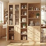 Cyclysio 80' Tall Kitchen Pantry, Large Storage Cabinets with Glass Doors, Modular Wood Pantry Cabinet with 3 Drawers & Adjustable Shelves for Living Room & Dining Room, Natural, Set of 3