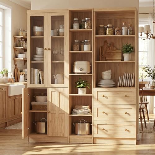 Cyclysio 80" Tall Kitchen Pantry, Large Storage Cabinets with Glass Doors, Modular Wood Pantry Cabinet with 3 Drawers & Adjustable Shelves for Living Room & Dining Room, Natural, Set of 3