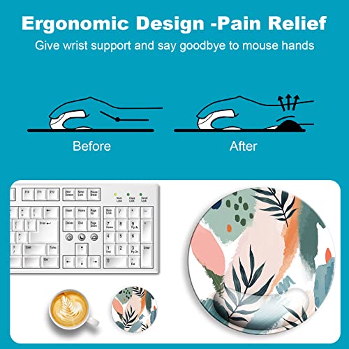Large Mouse Pad Wrist Support Dia 9.45 Inch, Cute Round Ergonomic Mouse Pad, Mouse Pads For Desk, Mousepad With Wrist Rest For Computer Laptop Gaming Home Office Decor-Abstract Leaves #TOP4