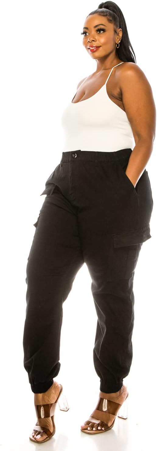 Double Denim January 5th Women's Plus Size High Waist Camouflage Cargo Jogger Elastic Waistband Casual Tapered Pants SCP-2049-BLACK-S