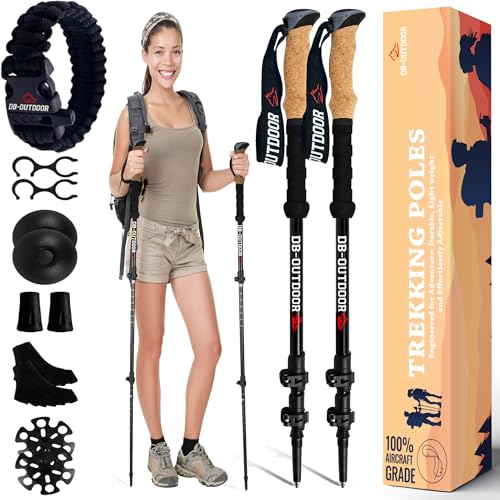 DB-OUTDOOR Walking Poles & Survival Whistle - 2 Pack Aircraft Grade Aluminum Collapsible Trekking Hiking Poles with Natural Cork Grip & Metal Flip Lock Nordic Walking Poles Women & Men Hiking Sticks