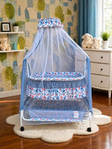 Image of Kiddery Athena Baby Cradle Bassinet | Sleep Safely & Comfortably | Mosquito Net Protection | Lightweight & Compact Design | All-Wheel Lock | Unisex | 0-10 Months | Blue