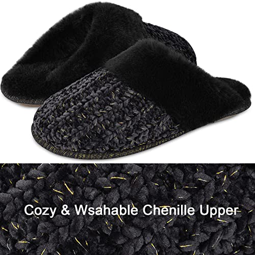 DL Women's Comfy Knit Slippers with Warm Plush Faux Fur Lining, Memory Foam Slip on Slippers with Anti-Skid Rubber Sole, Beige, 9-103