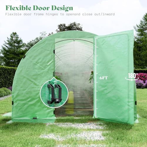 AMERLIFE 26x10x7ft Large Walk-in Greenhouse for Outdoors with Watering System Upgraded Swing Door Tunnel Greenhouse kit, Heavy Duty Galvanized Steel Frame, 16 Windows, Ground Pegs & Film Clips, Green
