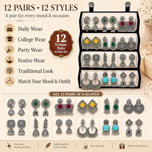 Image of Shining Diva Fashion 12 Pairs Oxidised Silver Earrings Set for Women with Jewellery Organisers Foldable Organizer Box | Traditional Afghani Stylish Jhumka Earring Gifts for Girls (17480er BOX1025)