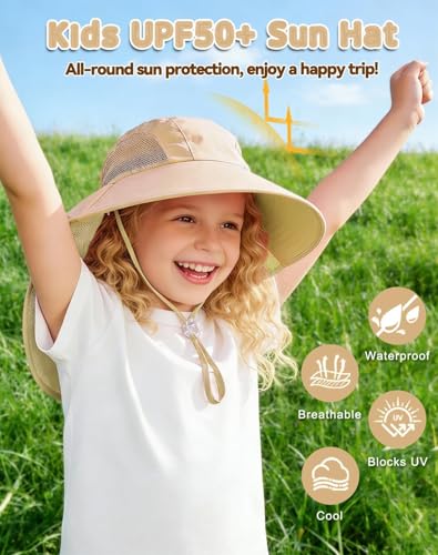 Image of Rosoz Kids Sun Hat with Neck Flap UV Protection Summer Toddler Beach Hat Unisex Ponytail Hat Wide Brim Fishing Hat