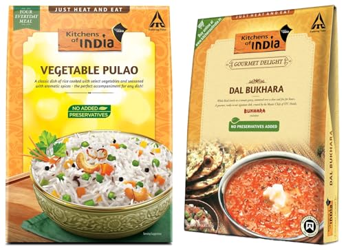 Image of Kitchens of India Ready to Eat Gravy - Dal Bukhara, 285g Carton x2 & Kitchens of India Vegetable Pulao, ITC Ready to Eat Indian Dish, Just Heat and Eat, 250gx2