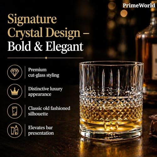 Image of PrimeWorld Signature Crystal Whiskey Glasses Set of 6 pcs- 300 ml Bar Glass for Drinking Bourbon, Whisky, Scotch, Cocktails, Cognac- Old Fashioned Cocktail Tumblers