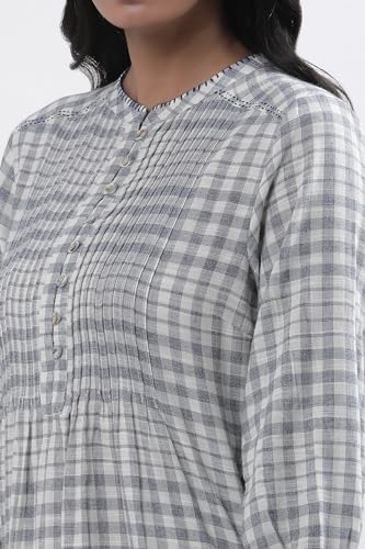 Image of W for Woman White Checked Print Cotton Straight Kurta