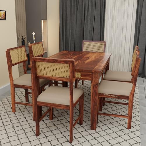 Image of Solid Sheesham Wood Dining Table Set 6 Seater Set for Home and Kitchen, Rattan Dining Table 6 Seater with Chairs Cane Furniture, Dining Set