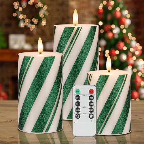 Image of Candy Cane Stripe Flameless Candles with Remote, Green Battery Operated Pillar Candles Real Wax, Flat Top Flickering Christmas LED Candle Decorations for Xmas, Home, Party Decor, Set of 3
