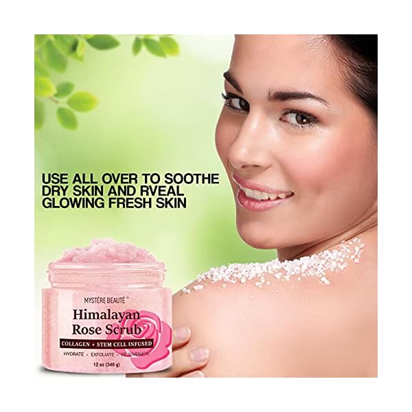 Mystere-Beaute-Himalayan-Salt-Body-Scrub-Infused-with-Collagen-and-Stem-Cell-Exfoliating-Salt-Scrub-with-Rose-and-Mica-Deep-Cleansing-Scrub-for-Acne-Scars-Wrinkles-Exfoliates-and-Moisturizes-Skin-12-o MYSTÃRE BEAUTÃ Himalayan Salt Body Scrub 12 oz - with Collagen and Stem Cells - Exfoliating Salt Scrub for Cellulite - Deep Cleansing for Acne, Scars, Wrinkles - Moisturizes Skin