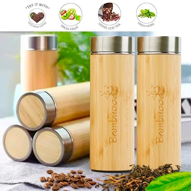 17 oz-Bambuood Premium Vacuum Insulated Stainless Steel Bamboo Tumbler - Leak Proof Bamboo Tumbler Thermos for Loose Leaf Tea, Coffee & Fruit-Infused Drinks - Keeps Cold 24/Hot 12 Hrs.