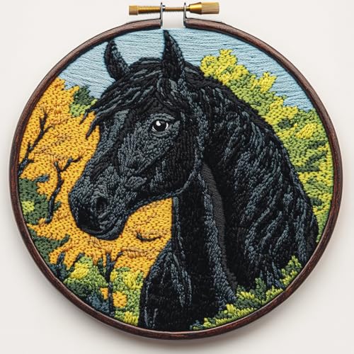 Image of DIY Punch Needle Kits Cartoon Black Horse and Tree with Hoop 20x20cm-1