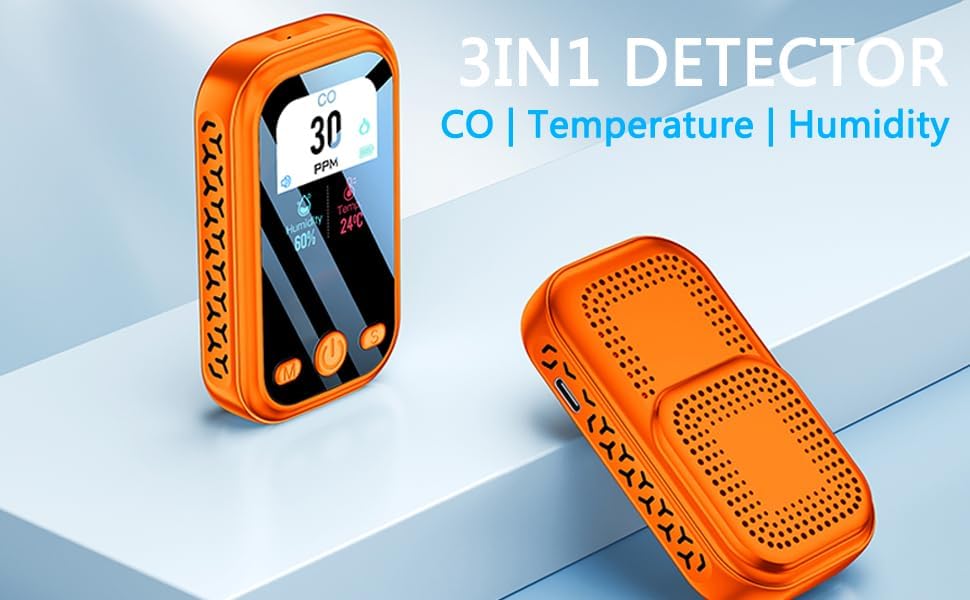 Travel Carbon Monoxide Detectors 3-in-1 Mini Size Portable CO Detector with Kickstand & Lanyard Built-in 120h Battery [CO Temp Humidity Sensor] for Travel Camping RV Hotel Safety (Orange) - Image 5