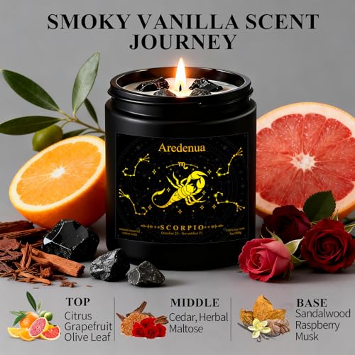 Image of Scorpio Zodiac Candles with Black Obsidian Crystals, Smoky Vanilla | Astrology Scorpio Birthday Gifts for Women Men, Black Gift Box, 7 oz Soy Candle, 50 Hour Burn Time, Black Jar