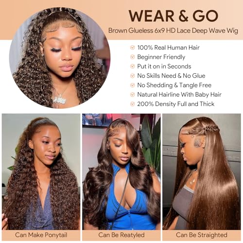 Echthaar Perücke Light Brown #4 Deep Wave 9x6 Pre-Cut Lace Front Wig Glueless Wig Human Hair 100% Unprocessed Brazilian Human Hair Wig Natural Hairline 26 Zoll (66cm) – Bild 3
