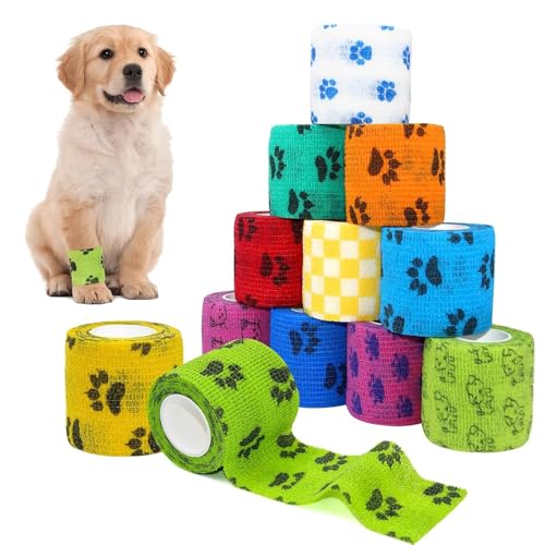 12-Rollen Selbsthaftende Bandage Hund Vet Verband Elastische Selbstklebender Verband, Selbsthaftender Verband, Gipsbinden, Cohesive Pet Vet Wrap für Katze,Hund,Pferd Bein Klebeverband(2.5cm x 4m)