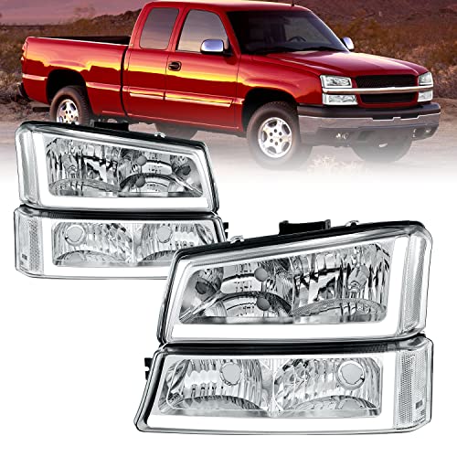 GORWARE Headlights Compatible with Silverado 2003 2004 2005 2006 2007, 2003-2006 Avalanche, Silverado Headlamp Bumper Lamp Assembly with LED DRL with Chrome Housing Clear Lens and Reflector