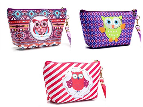 XICHEN 3 pcs Owl pattern waterproof Cosmetic Makeup Bag， Pencil case, sorting storage bag for small desktop items