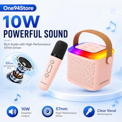 Image of One94Store Portable Bluetooth Speaker 10W with Wireless Karaoke Mic, Bluetooth 5.1, 8H Playtime, 5 Voice Change Effects, RGB LED Lights, TF Card Support, Type-C Charging - Pink