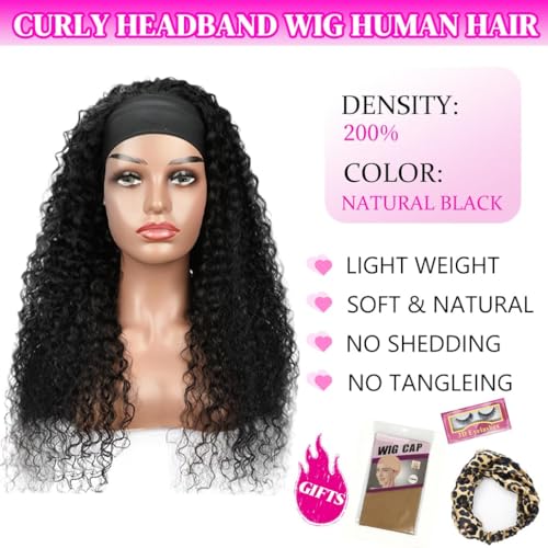 Image of 200 Density Deep Wave Headband Wig Human Hair 18 Inch Curly Half Wig Human Hair None Lace Front Wigs for Black Women Natural Color, 100% Human Hair, No Shedding