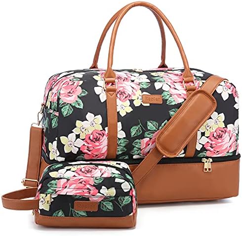 Realer Canvas Weekender Bag, Womens Overnight Bag Carryon Weekend Travel Duffel Tote with Shoe Compartment with Toiletry Bag Flight Approved(Black Floral) 1 Realer Canvas Weekender Bag, Womens Overnight Bag Carryon Weekend Travel Duffel Tote with Shoe Compartment with Toiletry Bag Flight Approved(Black Floral)