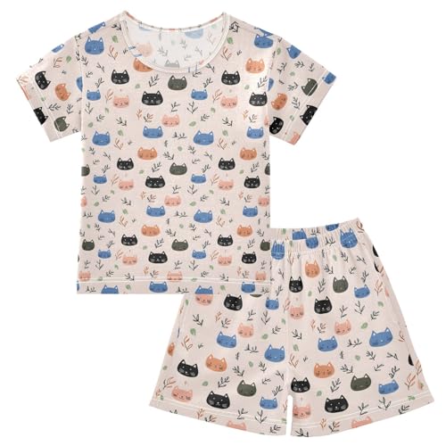 Colorful Cat Pattern Pajama Set, Short Sleeve Cotton Sleepwear Nightwear