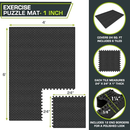 Image of ProsourceFit Exercise Puzzle Mat 1-inch, Checkered EVA Foam Floor Tiles w /Non-Slip Texture, Interlocking Design for Adjustable Gym Surfaces, Shock Absorbing, Black, 24 SQ FT - 6 Tiles