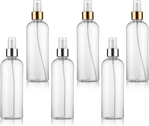 6 botellas transparentes de niebla fina con atomizadores de borde dorado y plateado, recipientes vacíos de viaje de plástico PET sin BPA para