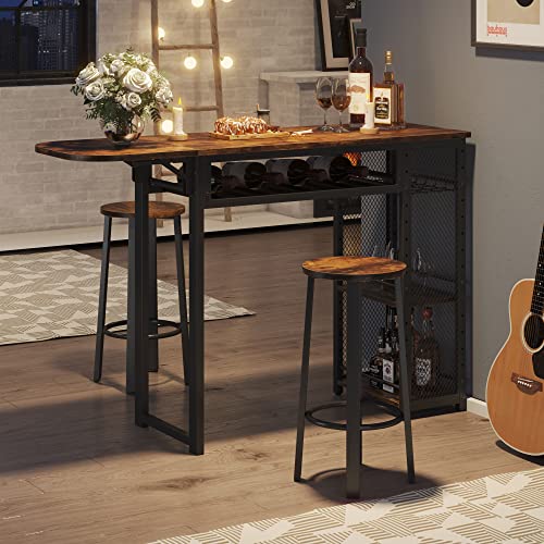 Bestier Bar Table and Chair Set, Expandable Dining Table with 2 Bar Stools, Industrial Kitchen Counter with Wine Rack & 3 Tier Adjustable Storage Shel