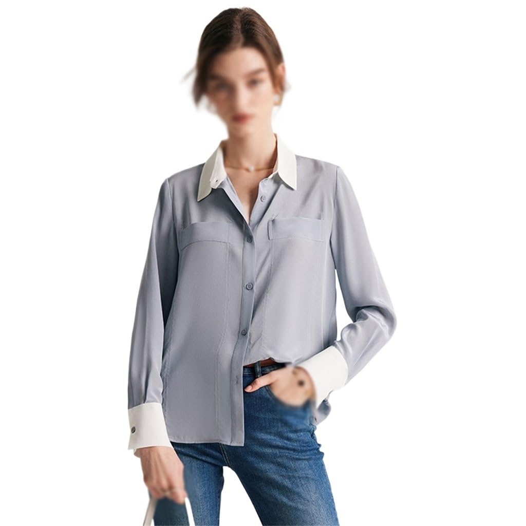 Chemise en soie pour femmes avec col de banlieue et manches longues en crêpe