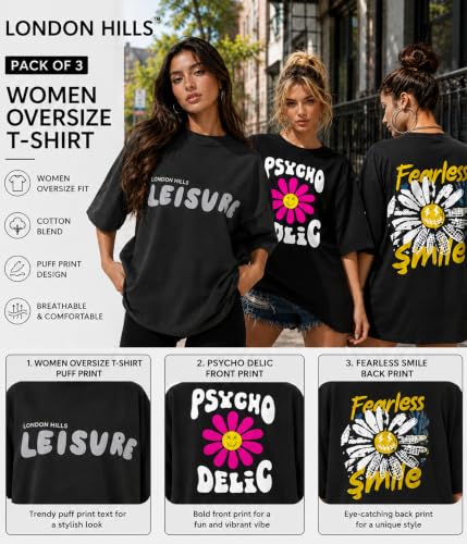 Image of London Hills Oversized Tshirt for Woman | t Shirt for Woman Oversized Fit Printed Round Neck | Tops for Woman's | Women t Shirt Loose Fit Drop Shoulder | t Shirts for Women | Western Tops