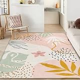 Lahome Pink Rug Machine Washable Area Rugs - 6x9 Non-Slip Large Living Room Rug Lightweight Throw Soft Carpet for Bedroom, Boho Botanical Print Ultra-Thin Indoor Rug for Classroom Nursery Dining Room