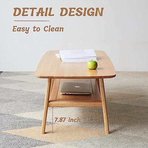 Bamskov Wood Coffee Table - 100% Solid Oak Wood - Double Storage Coffee Table, Eco-Friendly Finish Center Table - Easy Assembly (Natural, 31.49\" D x 19.68\" W x 17.32\" H)