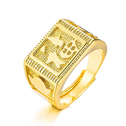 Bague ouverte pour hommes plaqué or véritable ajustable au motif Fortune sculpté