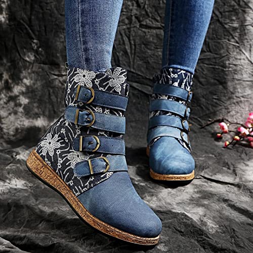 Hbeylia Women's Boots Boho Ethnic Vintage Denim Flower Design Round Toe Hidden Heels Wedge Low Heels Ankle Booties Bohemian Casual Winter Fall Dress Short Boots For Women Travel4